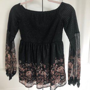 Black floral off the shoulder long sleeve top